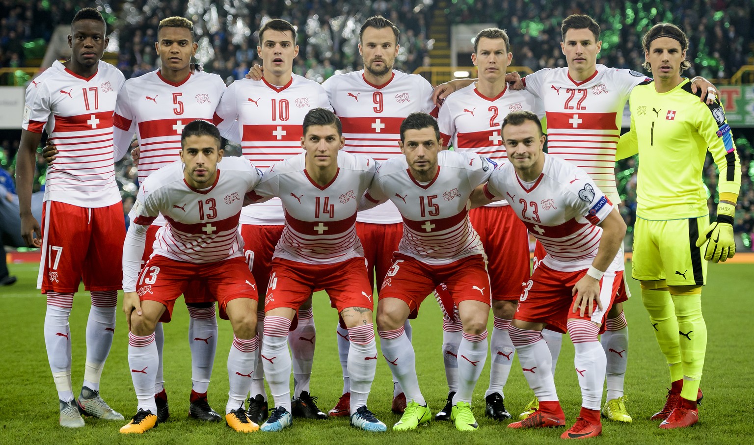 From left to right on the back row, Switzerland&#039;s midfielder Denis Zakaria, Switzerland&#039;s defender Manuel Akanji, Switzerland&#039;s midfielder Granit Xhaka, Switzerland&#039;s forward Haris ...