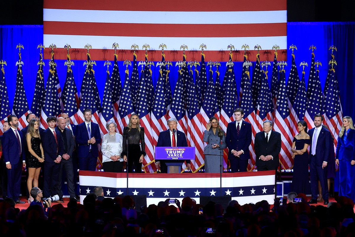 epaselect epa11704701 Republican presidential candidate Donald J. Trump addresses supporters at the Election Night watch party in the West Palm Beach Convention Center in West Palm Beach, Florida, USA ...