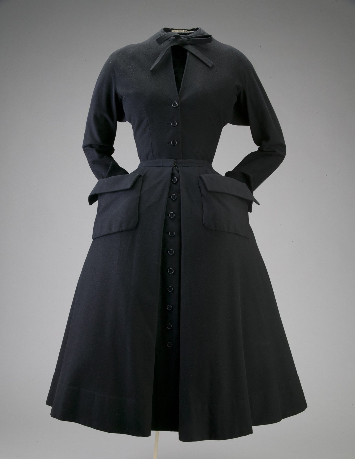 Day dress, 1948 (front view). Wool melton by Christian Dior. This gown is an example of the 'New Look' introduced by Christian Dior in 1948. (Photo by Chicago History Museum/Getty Images)