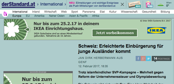 «Die Schweiz gibt sich weltoffen», kommentiert «Standard»-Korrespondent Jan Dirk Herbermann den Erfolg der Vorlage zur erleichterten Einbürgerung. Dass das Stimmvolk trotz offen islamfeindlicher SVP-K ...