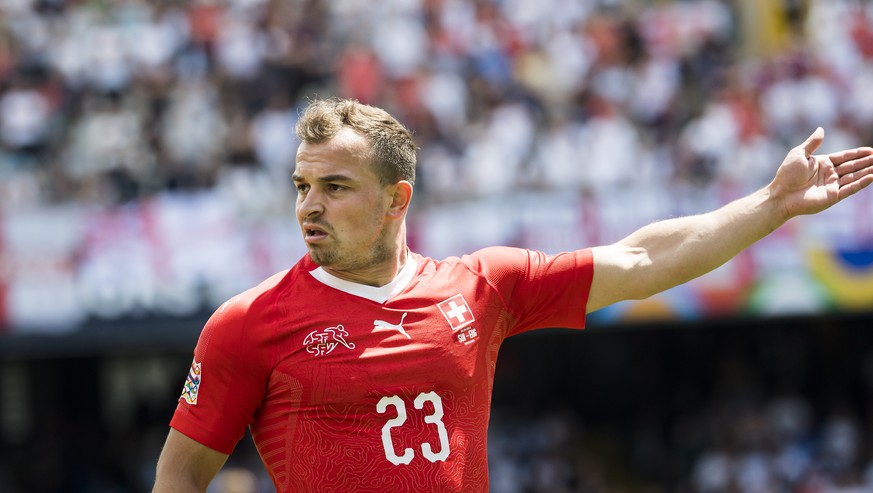 Switzerland&#039;s midfielder Xherdan Shaqiri reacts during the UEFA Nations League third place soccer match between Switzerland and England at the D. Afonso Henriques stadium in Guimaraes, Portugal,  ...