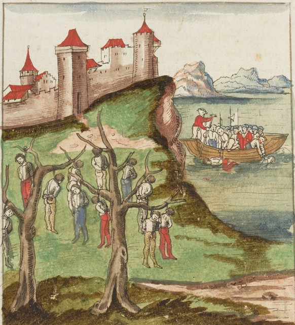 Hängen und Ertränken der burgundischen Besatzung von Grandson durch die Eidgenossen. Beleg für die Brutalität der damaligen Kriegführung. Kopie von Christoph Silberysen 1572 nach der Eidgenössischen C ...