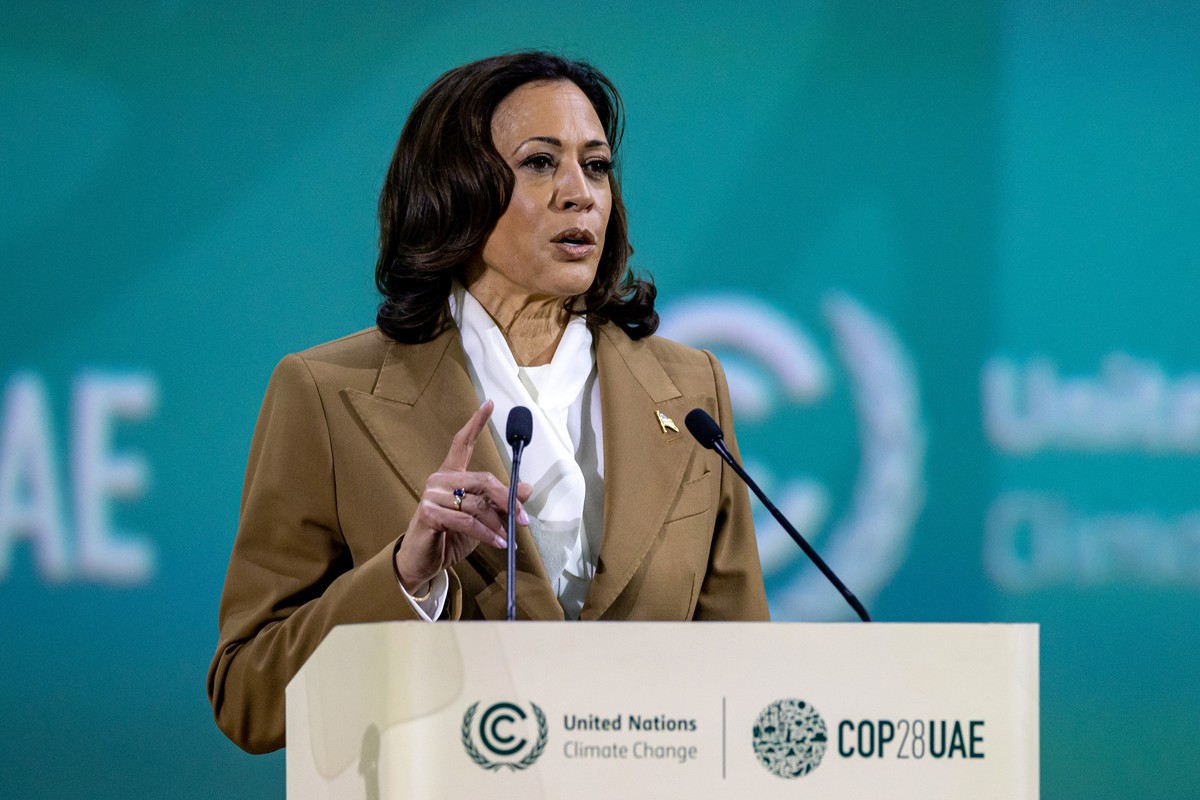 epa11007350 Kamala Harris, Vice President of the United States of America, speaks during the UN Climate Change Conference COP28, in Dubai, United Arab Emirates, 02 December 2023. The 2023 United Natio ...