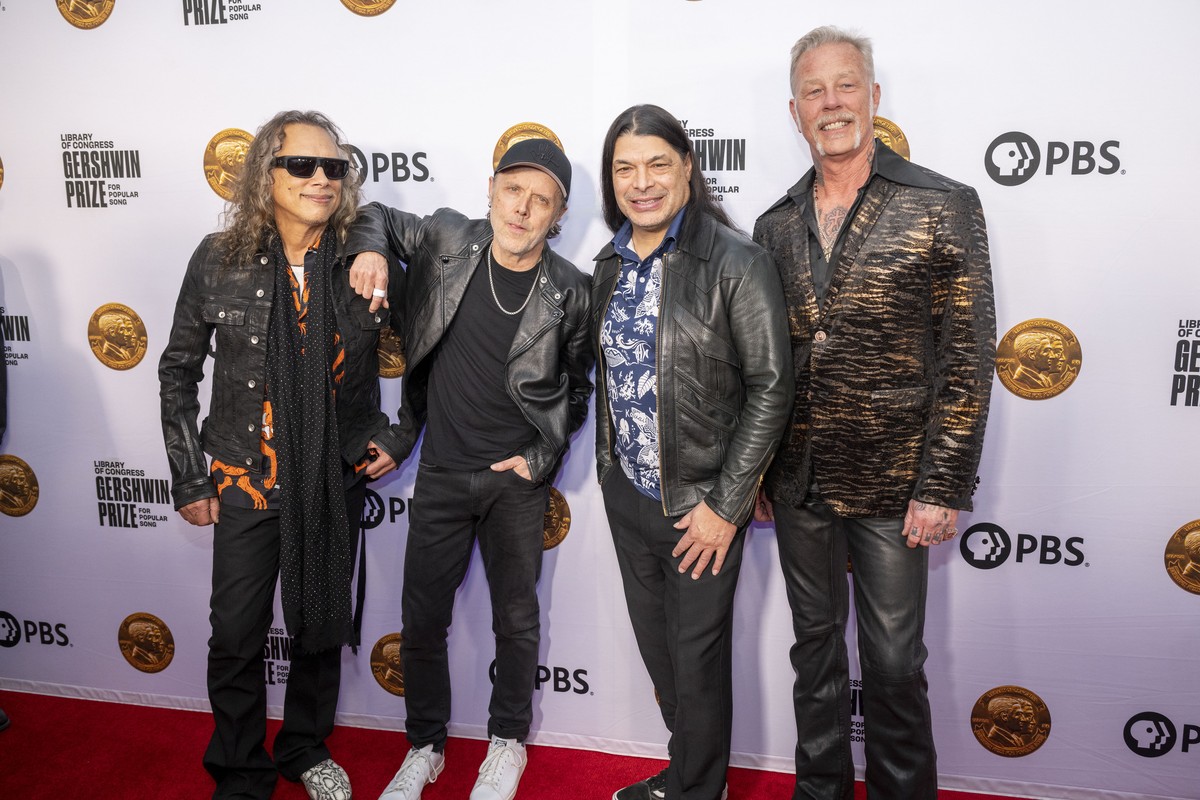 From left, members of Metallica, Kirk Hammett, Lars Ulrich, Robert Trujillo, and James Hetfield arrive on the red carpet for the 2024 Library of Congress Gershwin Prize for Popular Song at a DAR Const ...
