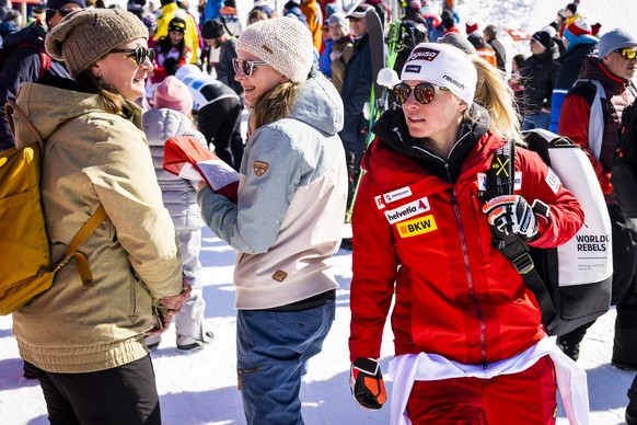 Lara Gut-Behrami of Switzerland reacts after the women&#039;s Super-G race at the FIS Alpine Ski World Cup in Lenzerheide, Switzerland, Saturday, March 5, 2022. (KEYSTONE/Jean-Christophe Bott)