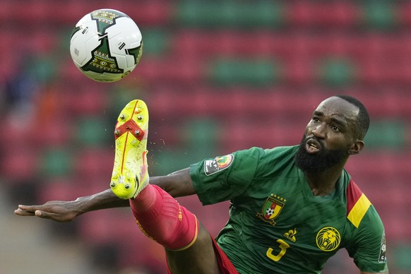 Cameroon's Moumi Ngamaleu in action during the African Cup of Nations 2022 group A soccer match between Cameroon and Ethiopia at the Ahmadou Ahidjo stadium in Yaounde, Cameroon, Thursday, Jan. 13, 2022. (AP Photo/Themba Hadebe)