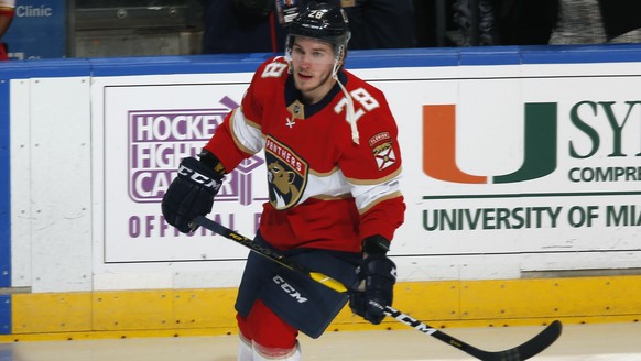 SUNRISE, FL - DECEMBER 10: Aleksi Saarela 28 of the Florida Panthers skates prior to the game against the Tampa Bay Lightning at the BB&amp;T Center on December 10, 2019 in Sunrise, Florida. The Light ...