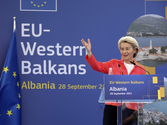 President of the European Commission Ursula von der Leyen speaks during a news conference with the Albanian Prime Minister Edi Rama in Tirana, Albania, Tuesday, Sept. 28, 2021. Von der Leyen visits si ...