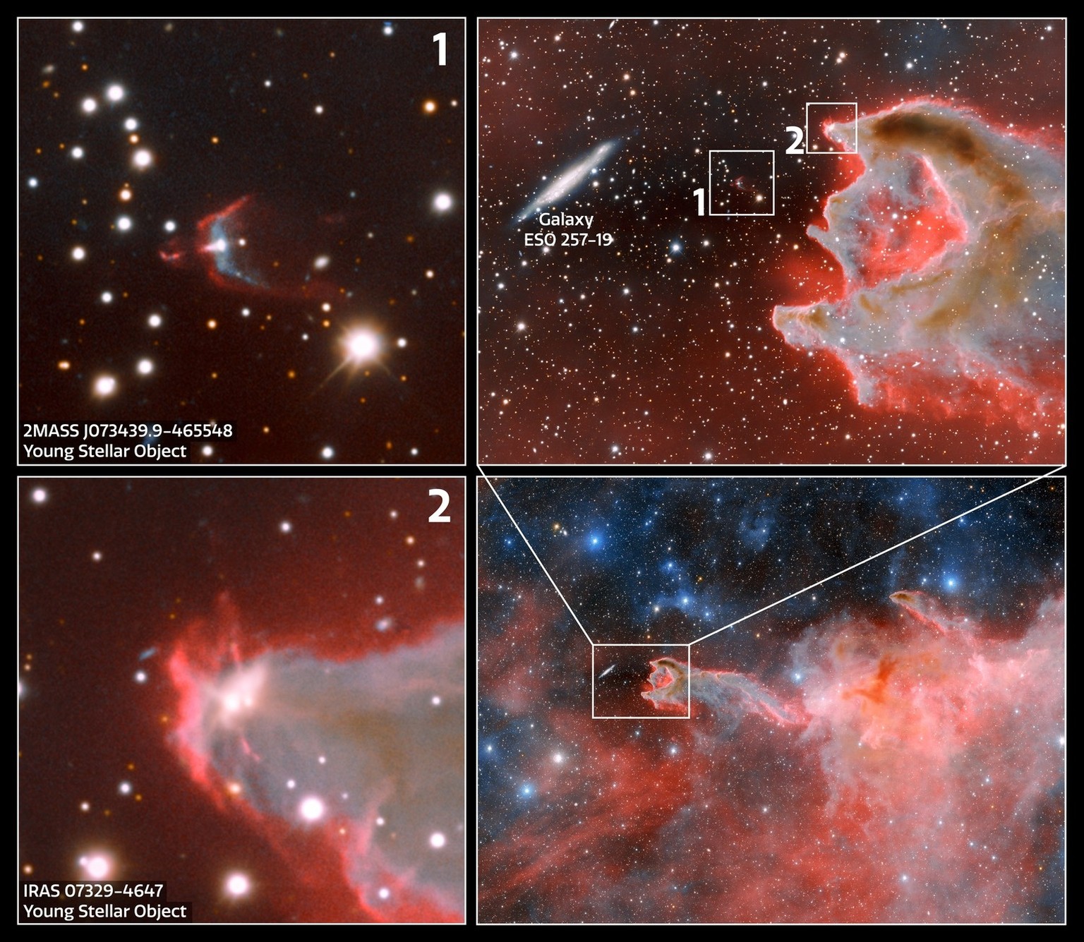 This excerpt shows a close-up of CG 4 seemingly about to devour the edge-on spiral galaxy ESO 257-19 (PGC 21338). But in reality, this galaxy is more than a hundred million light-years beyond CG 4 and ...
