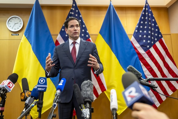 US Secretary of state Marco Rubio, talks to the press at the end of their consultations on the Trump peace plan at the US Mission in Geneva, Switzerland, Sunday, November 23, 2025. The United States a ...