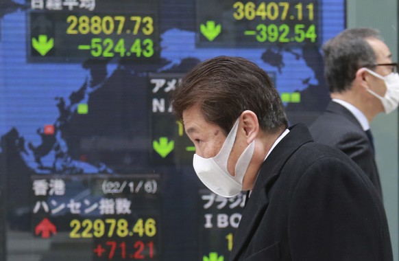 People walk by an electronic stock board of a securities firm in Tokyo, Thursday, Jan. 6, 2022. Asian stock markets followed Wall Street lower on Thursday after investors saw minutes from a Federal Re ...