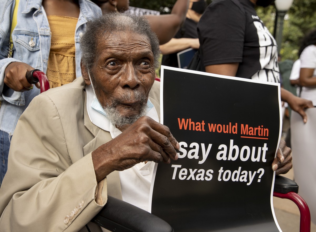 Bobby Caldwell, 87, of Houston, listens during a prayer rally against Republican bills that would make it harder to vote at the Capitol in Austin, Texas, on Thursday July 15, 2021. Black clergy from a ...