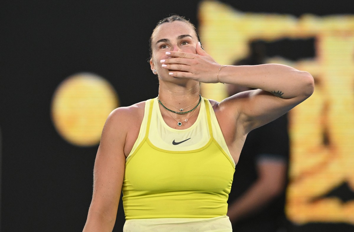 epa11819663 Aryna Sabalenka of Belarus gestures after winning the Women's Singles first round match against Sloane Stephens of USA at the Australian Open Grand Slam tennis tournament in Melbourne ...