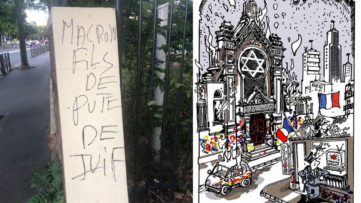 Inscription antisémite à Paris. A droite, un dessin du caricaturiste Plantu suite à l'attaque contre la synagogue de Rouen, le 17 mai, qui n'avait pas fait de victime autre que l'assaillant, abattu pa ...