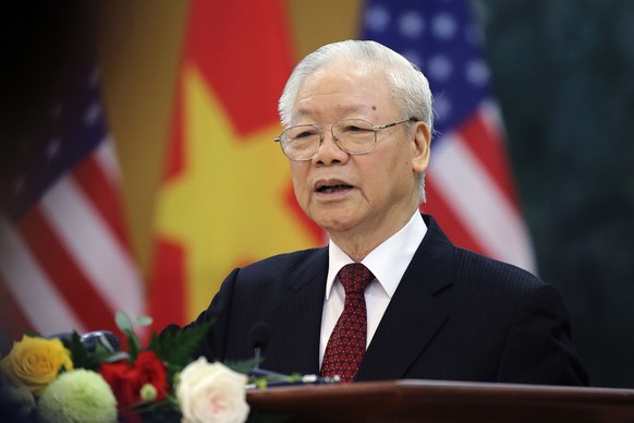 epa11487274 (FILE) - Vietnamese General Secretary of the Communist Party Nguyen Phu Trong delivers a speech during a press briefing after a meeting with US President Biden in Hanoi, Vietnam, 10 Septem ...
