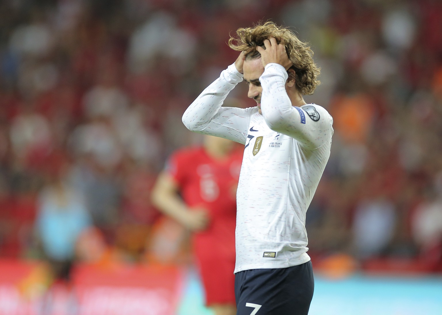 France&#039;s forward Antoine Griezmann reacts during the Euro 2020 Group H qualifying soccer match between Turkey and France in Konya, Turkey, Saturday June 8, 2019. (AP Photo)