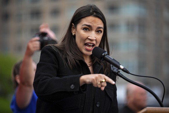 Rep. Alexandria Ocasio-Cortez (D-N.Y.) speaks at the NYCLU&#039;s May Day rally for worker&#039;s and immigrants rights at Foley Square, Thursday, May 1, 2025, in New York. (AP Photo/Angelina Katsanis ...