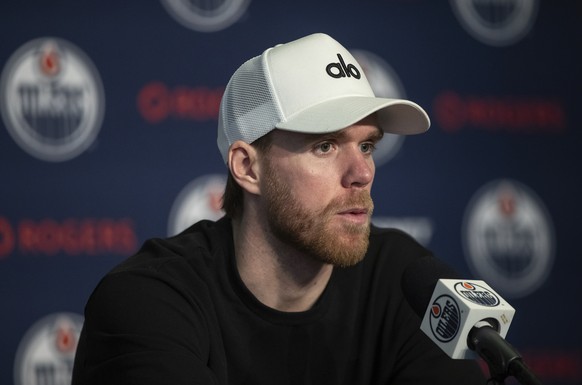 Edmonton Oilers Connor McDavid (97) speaks to media after losing to the Florida Panthers in Game 6 of the NHL Stanley Cup final in Edmonton, Thursday, June 19, 2025. (Jason Franson /The Canadian Press ...