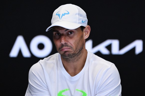 epa10412479 Rafael Nadal of Spain attends a press conference after losing his match against Mackenzie McDonald of the USA during the 2023 Australian Open tennis tournament at Melbourne Park in Melbour ...