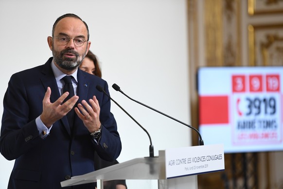 epa08023913 French Prime Minister Edouard Philippe delivers a speech on domestic violence, during the International Day for the Elimination of Violence against Women in Paris, France, 25 November 2019 ...