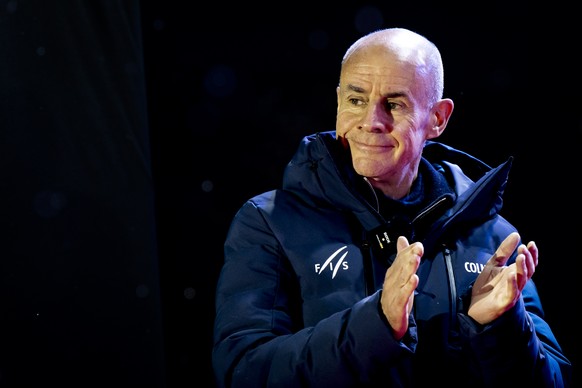 Johan Eliasch, President of the International Ski Federation, (FIS) reacts during the medals ceremony of the men&#039;s Giant Slalom race at the 2025 FIS Alpine World Ski Championships, in Saalbach-Hi ...