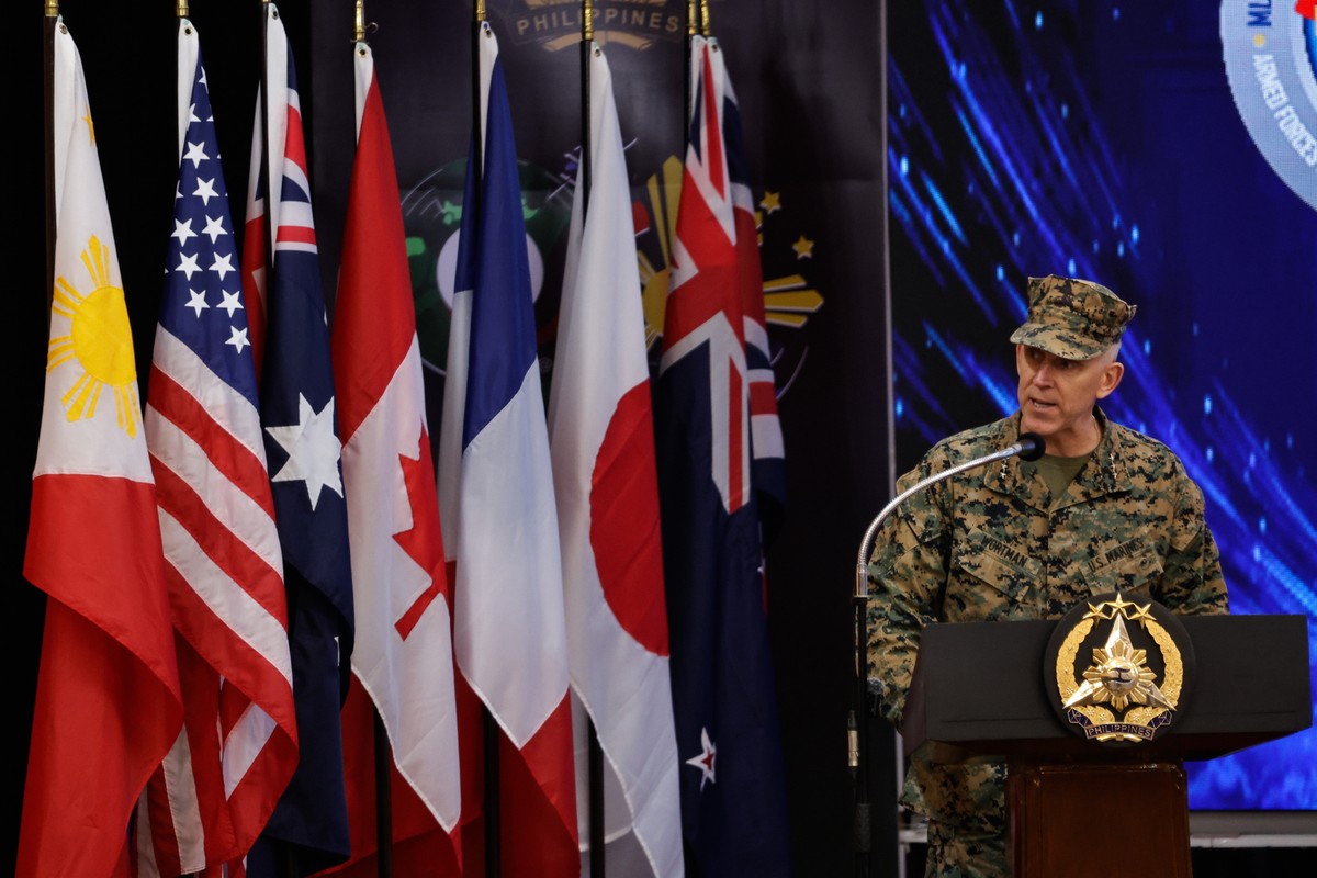 epa12901651 United States Lieutenant General Christian Wortman delivers a speech during opening ceremonies of the Philippines-US Exercise Balikatan (Shoulder to Shoulder) held at a military camp in Qu ...