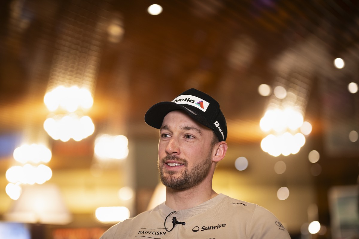 Ski racer Luca Aerni from Switzerland speaks with journalists during the Swiss-Ski federation press conference priot to the FIS Alpine Ski World Cup Giant Slalom race in Adelboden, Switzerland, on Thu ...