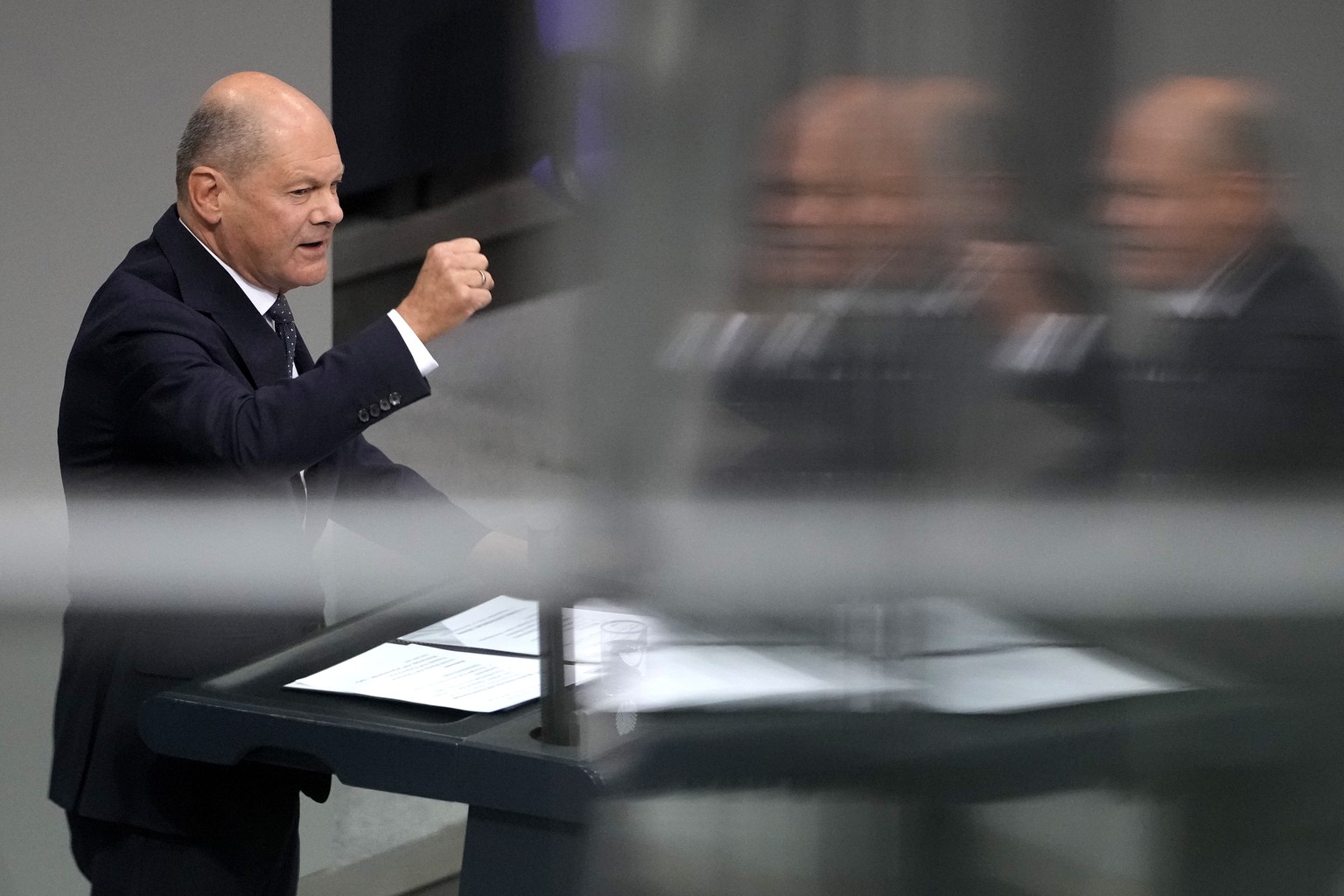 German Chancellor Olaf Scholz speaks during a general debate of the German parliament Bundestag in Berlin, Germany, Wednesday, Sept.11, 2024. (AP Photo/Markus Schreiber)