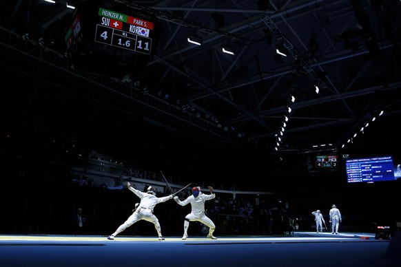 Switzerland&#039;s Max Heinzer, left, in action against Korea&#039;s Sangyoung Park in the men&#039;s epee individual quarter final in the Carioca Arena 3 in Rio de Janeiro, Brazil, at the Rio 2016 Ol ...