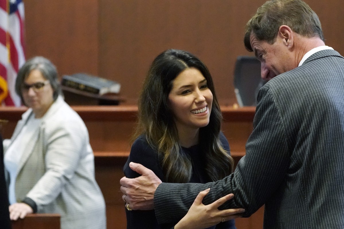 epa09951906 Attorney Camille Vasquez talks with attorney Ben Chew, at the end of the daily proceedings at the Fairfax County Circuit Courthouse in Fairfax, Virginia, USA, 16 May 2022. Johnny Depp' ...