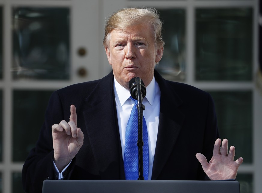 epa07372874 US President Donald J. Trump gestures as he speaks about a 328 billion USD (290.7 billion euro) spending bill to prevent another government shutdown in Washington, DC, USA, 15 February 201 ...