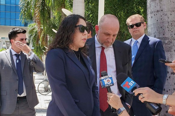 Neima Benavides, whose sister died in a Florida crash involving Tesla?s Autopilot driver assist technology, speaks to reporters outside the federal courthouse in Miami, Friday, Aug. 1, 2025. (AP Photo ...