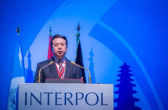 epa05625263 A handout photograph made available on 10 November 2016 by Interpol showing China’s Meng Hongwei elected President of INTERPOL speaking in Bali, Indonesia.
Delegates at INTERPOL’s 85th Gen ...
