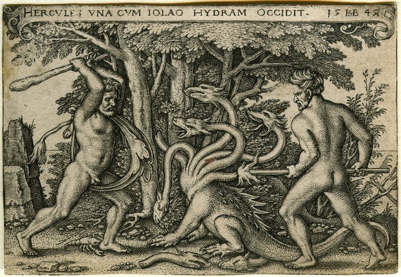 Herakles Herkules erschlägt die Hydra, Stich von Hans Sebald Beham (1542-1548)