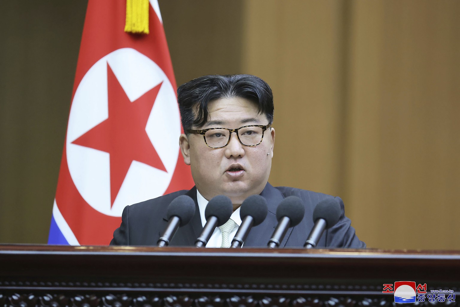 In this photo provided by the North Korean government, North Korean leader Kim Jong Un speaks at the Supreme People?s Assembly in Pyongyang, North Korea Monday, Jan. 15, 2024. Independent journalists  ...