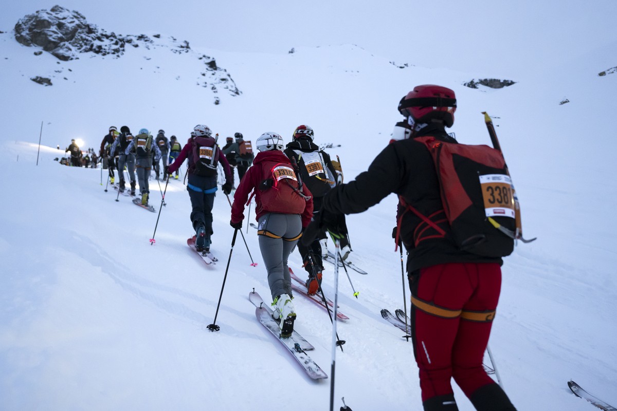 Competitors climb towards the Tsena Refien pass during the 24th Glacier Patrol race in the Swiss Alps between Arolla and Verbier, Switzerland, Sunday, April 21, 2024. Due to adverse weather conditions ...