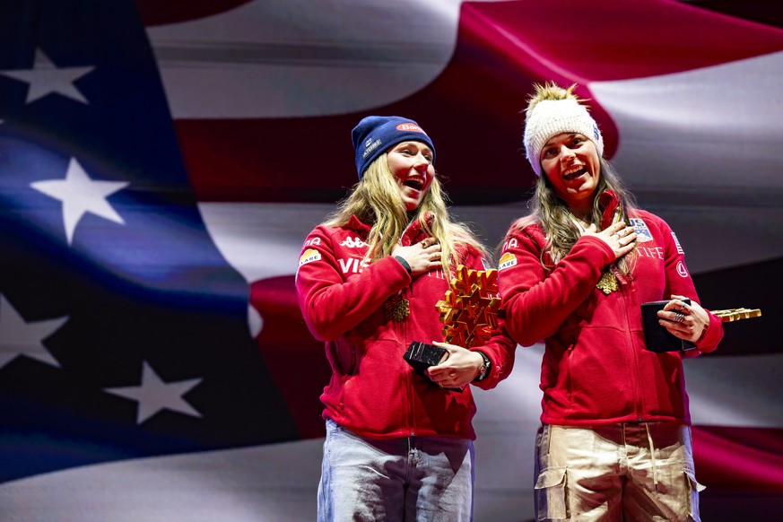 epa11888904 Gold medalists Mikaela Shiffrin of the United States and Breezy Johnson of the United States, celebrate during the medals ceremony of the Women&#039;s Team Combined event at the FIS Alpine ...