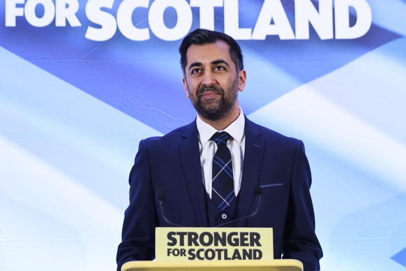 epa10545695 The new leader of the Scottish National Party and former Health Secretary Humza Yousaf speaks after he is announced at Murrayfield Stadium in Edinburgh, Scotland, Britain 27 March 2023. Th ...