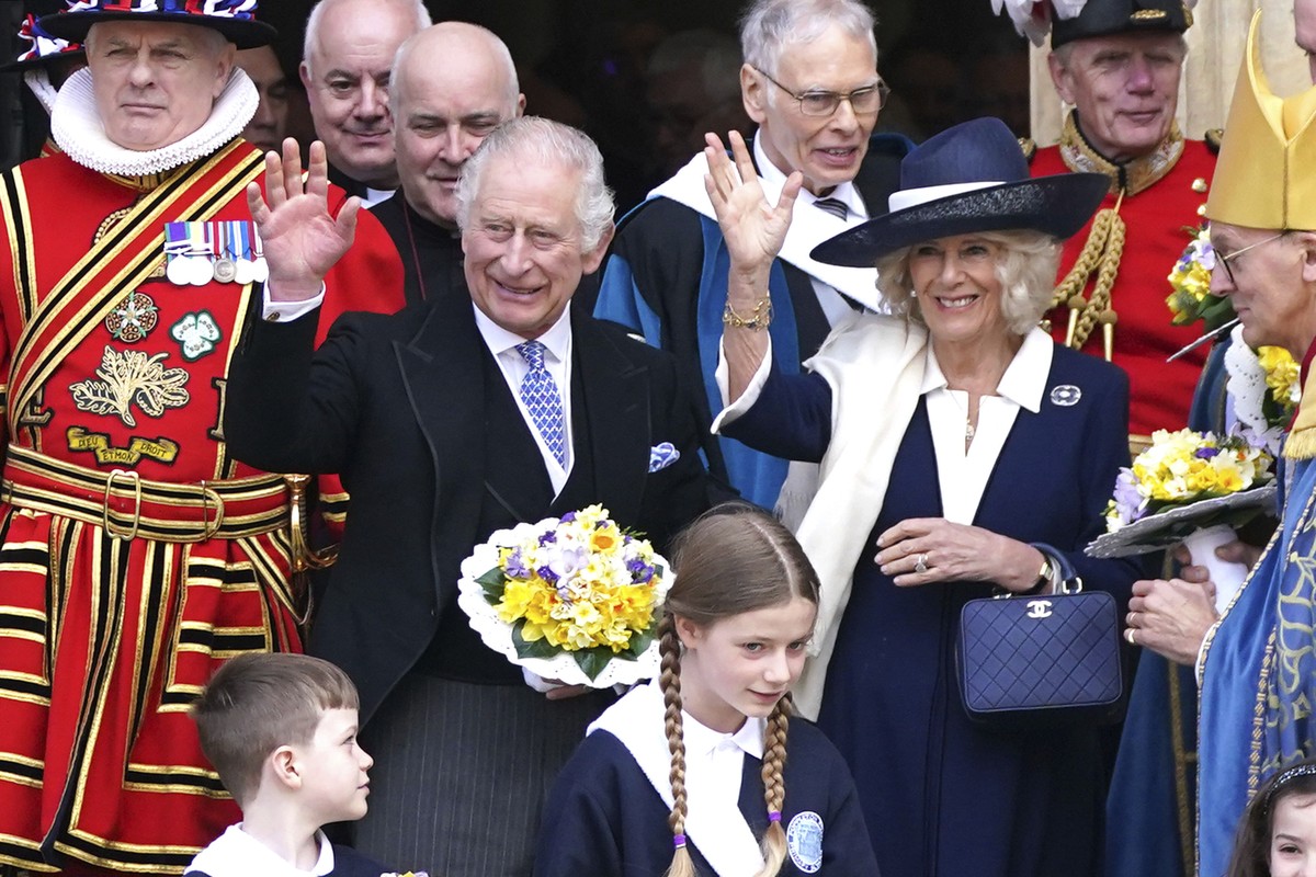 Britain's King Charles III and Camilla, the Queen Consort, center, attend the Royal Maundy Service at York Minster, York, England, Thursday April 6, 2023. (Owen Humphreys/PA via AP)