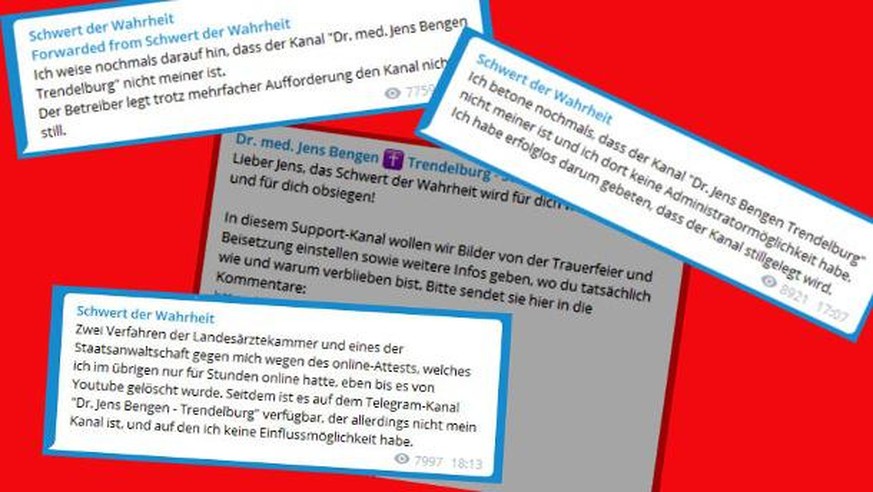 Verlogen: Ein Telegram-Kanal, dessen Schließung der Verstorbene gewünscht hatte (Postings mit blauem Rahmen), schwingt sich zur Adresse für das Gedenken auf.