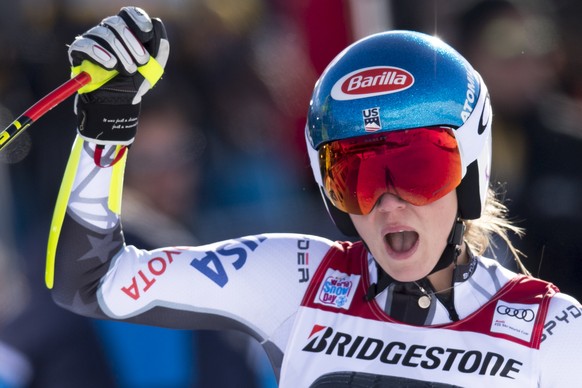 Mikaela Shiffrin of the US reacts in the finish area during the women&#039;s Super-G race at the Alpine Ski World Cup, in St. Moritz, Switzerland, Saturday, Dec. 8, 2018. (Gian Ehrenzeller/Keystone vi ...