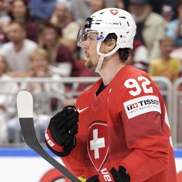 Switzerland&#039;s forward Gaetan Haas reacts, during the IIHF 2023 World Championship preliminary round group B game between Switzerland and Latvia, at the Riga Arena, in Riga, Latvia, Tuesday, May 2 ...