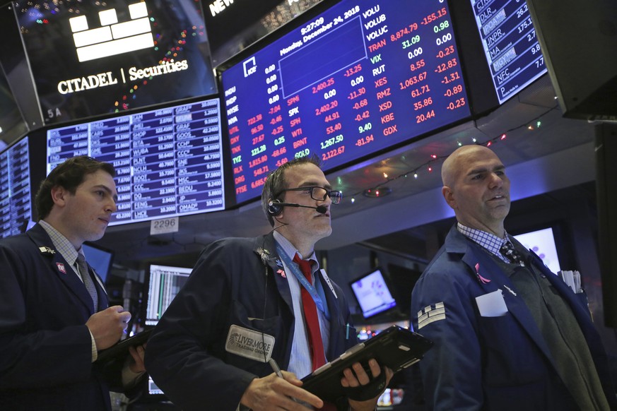 Traders work on the floor of the New York Stock Exchange in New York, Monday, Dec. 24, 2018. (AP Photo/Seth Wenig)