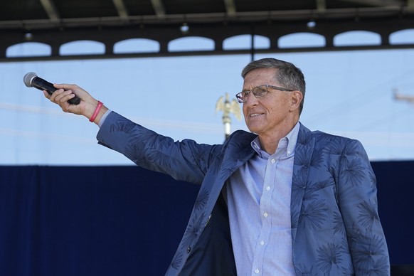 Former national security adviser Michael Flynn speaks during a &quot;rosary rally&quot; on Sunday, Aug. 6, 2023, in Norwood, Ohio. A national religious organization, Catholics for Catholics, gathered  ...