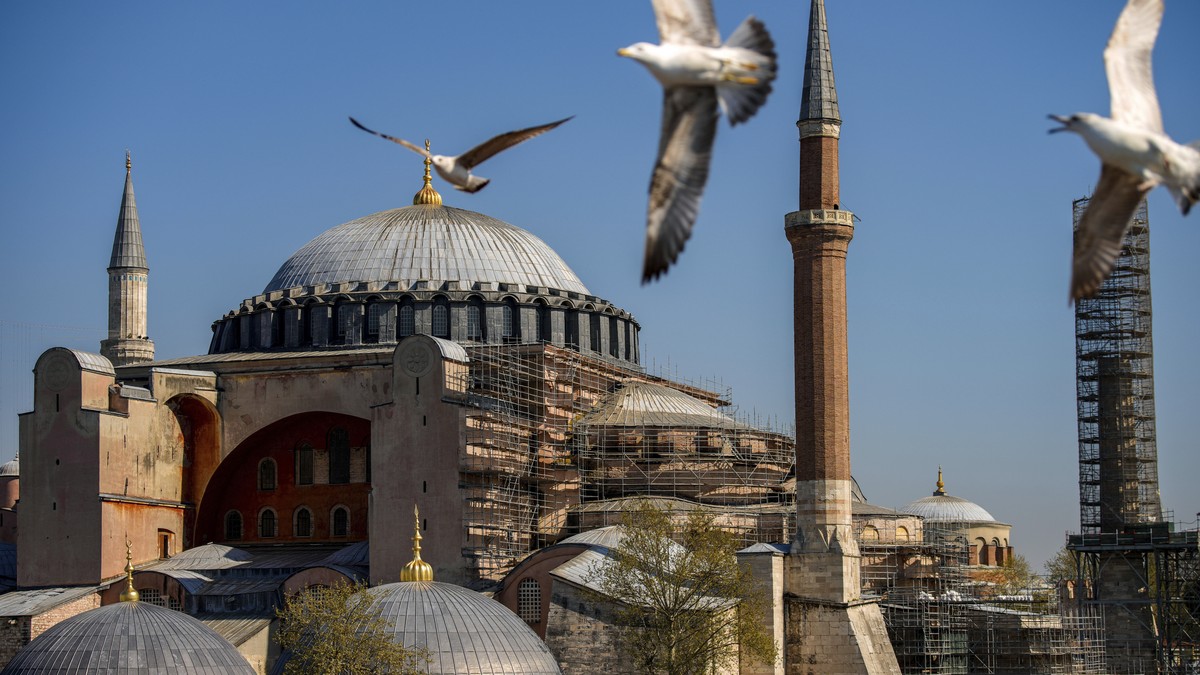 Scaffolds are installed in Byzantine-era Hagia Sophia mosque for restoration work, in Istanbul, Turkey, Sunday, April 13, 2025. (AP Photo/Emrah Gurel)
Turkey Hagia Sophia
