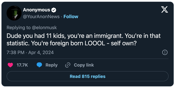 Antwort von Anonymous auf Musk-Tweet