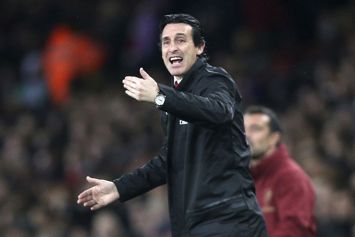 Arsenal manager Unai Emery gestures, during the English League Cup 4th round soccer match between Arsenal and Blackpool, at the emirates Stadium, in London, Wednesday, Oct. 31, 2018. (Nigel French/PA  ...