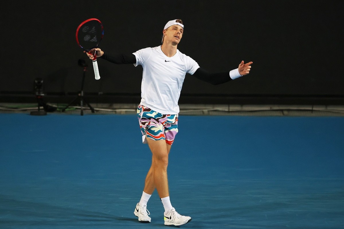 epa10413190 Denis Shapovalov of Canada reacts during his second round match against Taro Daniel of Japan at the Australian Open tennis tournament in Melbourne, Australia, 18 January 2023. EPA/FAZRY IS ...