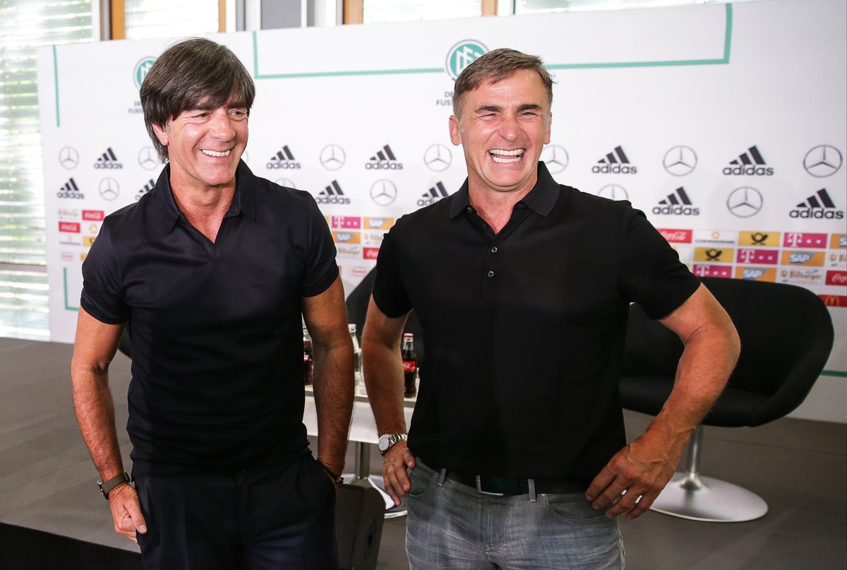 epa05969491 German national soccer team's head coach Joachim Loew (L) and Germany's Under-21 head coach Stefan Kuntz (R) pose for photographers during a press conference related to the FIFA  ...