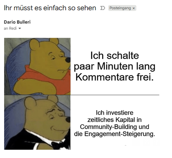 Darios Kommentar Mails zur fröhlichen Freischaltung